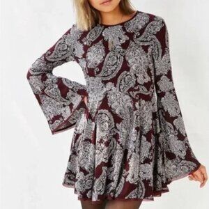 Urban Outfitters Ecote Maroon Paisley Print Long Sleeve Mini Dress Size 4